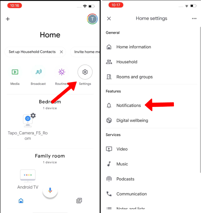 Opening notification settings in Google Home app