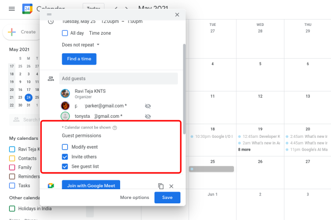 Modifing guest permissions on Google Calendar 