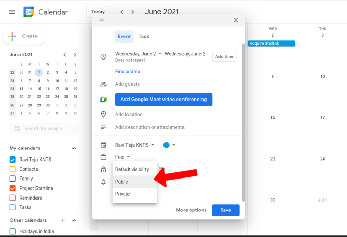changing the visibility to public for an event on Google Calendar