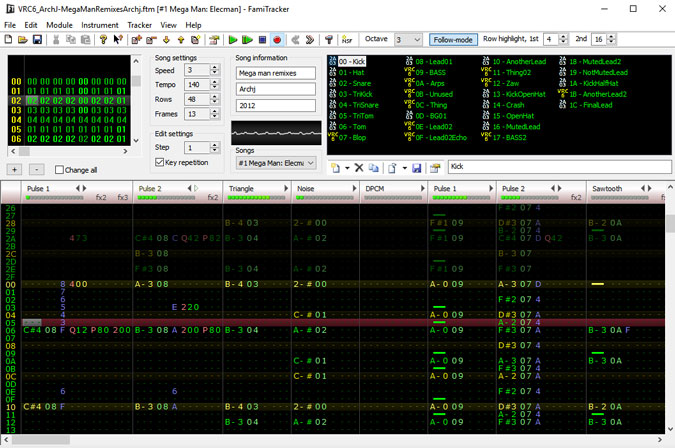 FamiTracker window with a lot of random numbers but those are actually musical notes.