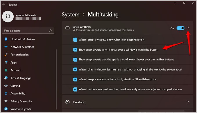 snap layouts options in windows 11 settings