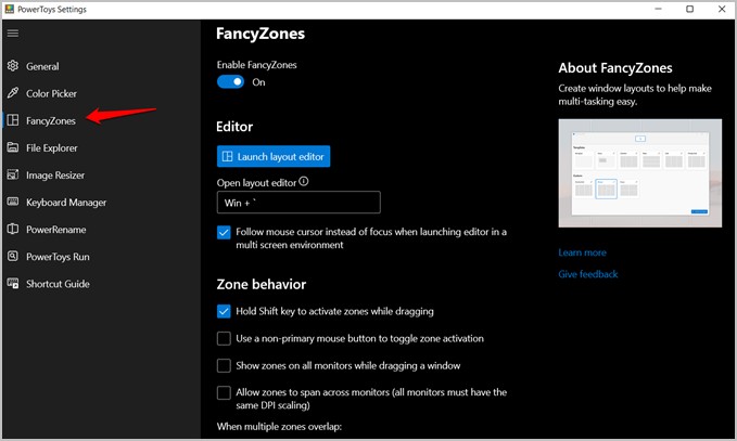 fancyzones feature from power toys