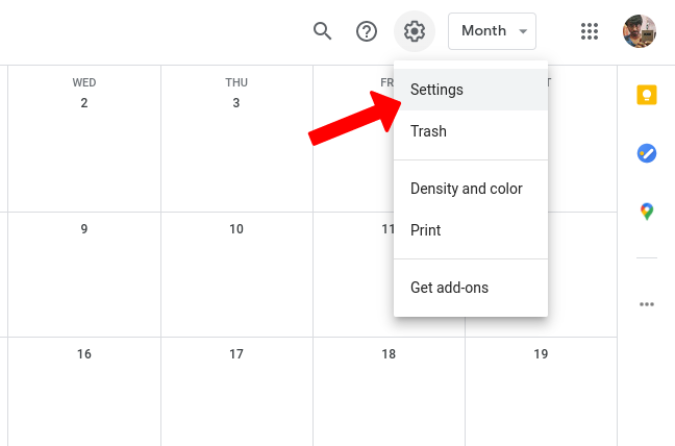 Opening Google calendar Settings