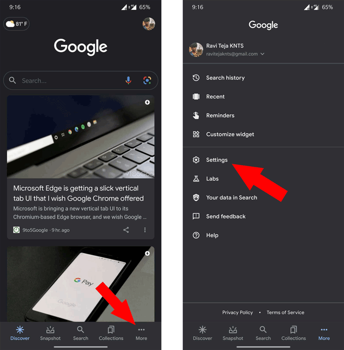 Opening Settings in the Google App