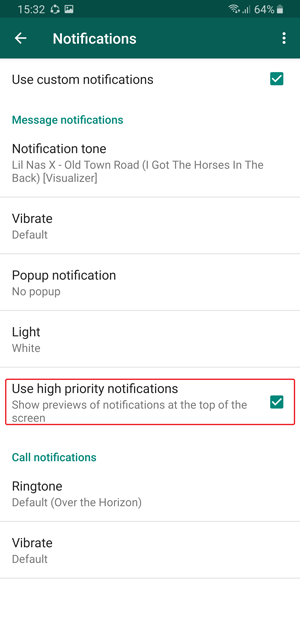 whatsapp custom notification- use high priority 