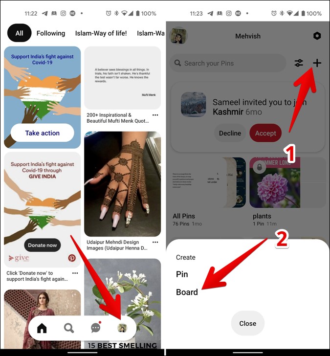 Create New Board in pinterest on Mobile