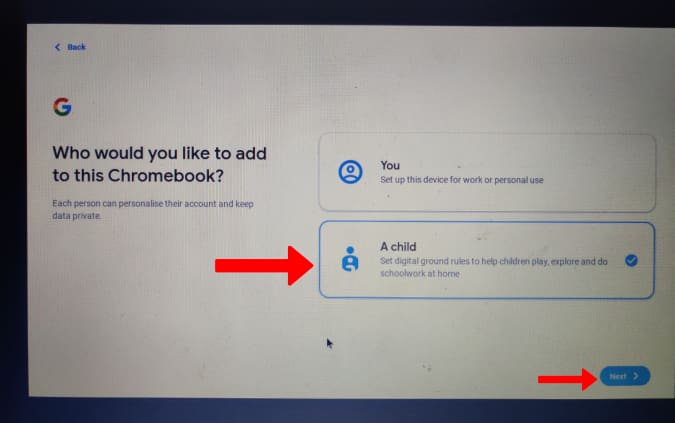 Logging in with a Child account on Chromebook 