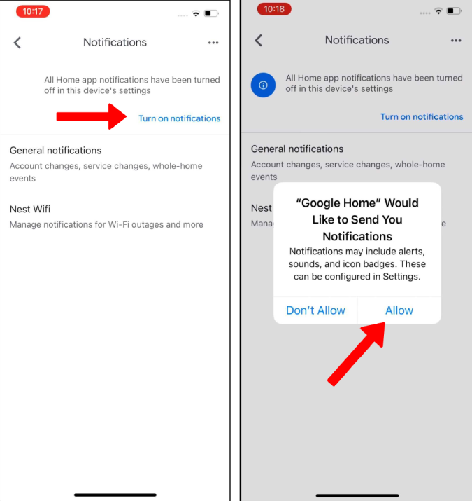 Turning on notifications on Google Home app on iPhone