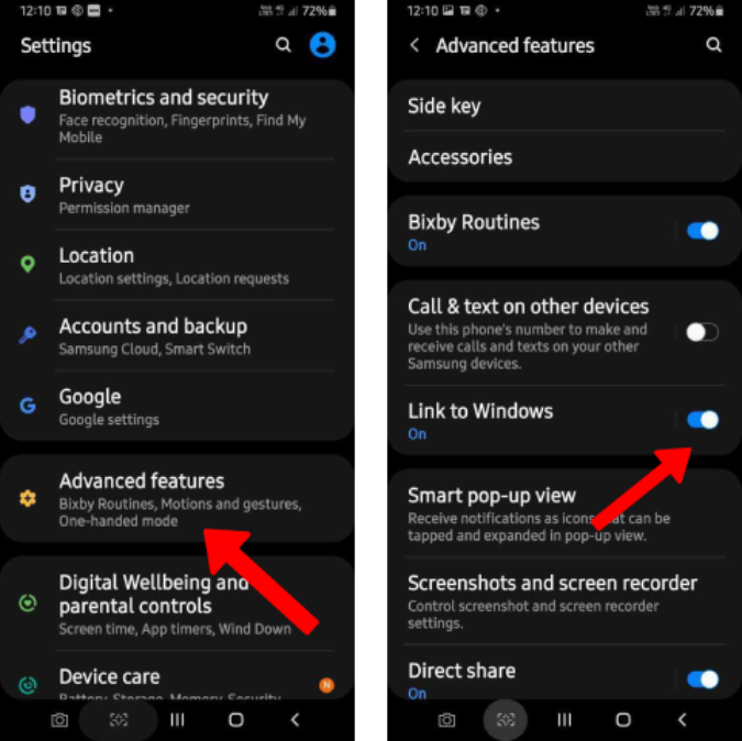 Link to Windows feature on the Samusng phone