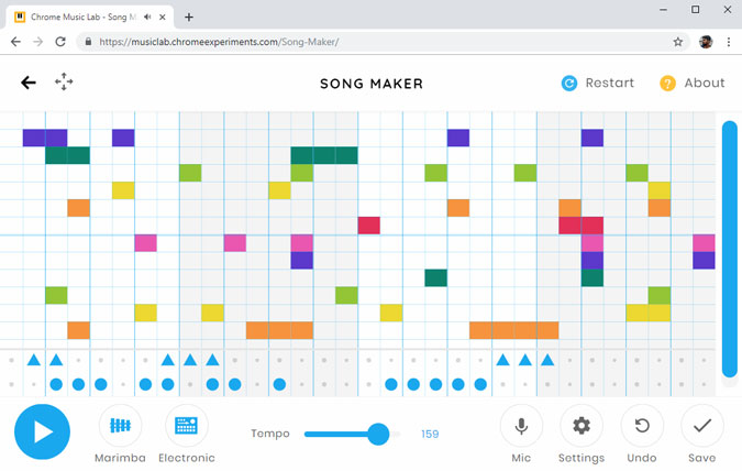 Music Lab window on Chrome browser with a lot of colorful dots as notes