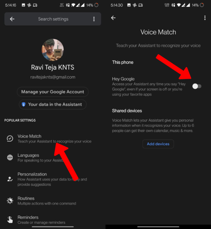 Enabling Voice Match for Google Assistant