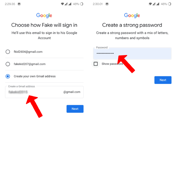 Creating a new email id and password for Child 
