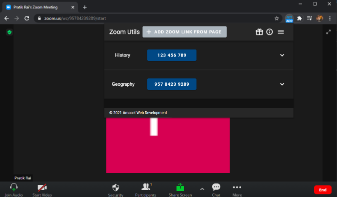 Zoom Utils Chrome Extension showing Zoom schedule