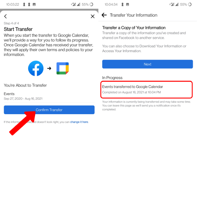 Confirming transferring events to Google Calendar 