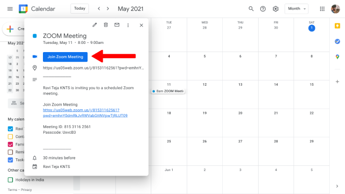 Join Zoom Meeting button on Google Calendar