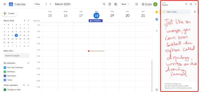 Using Google Keep addon on the Google calendar