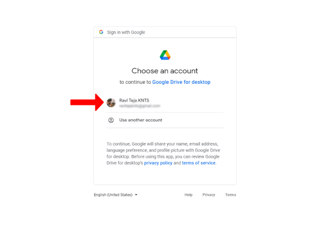 Logging in with Google account on Drive for desktop 