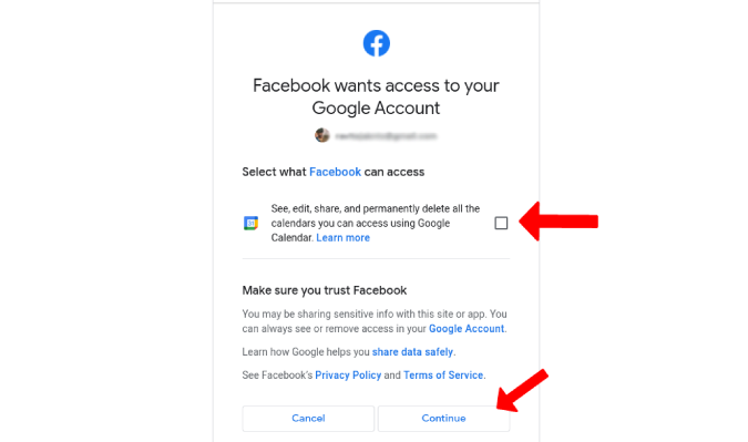 Granting permission for Facebook to access the Google Calendar 