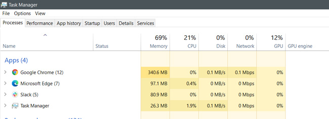 Task Manager showing the memory usage of both Edge and Chrome 