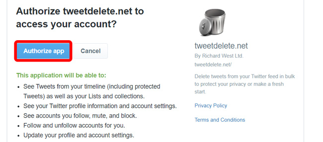 Authorize Tweet Delete app