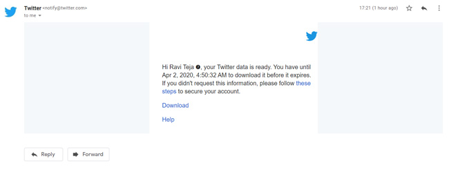 Mail from Twitter to download Twitter Data 