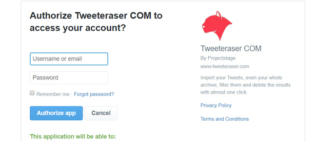 Authorizing Tweet Eraser App