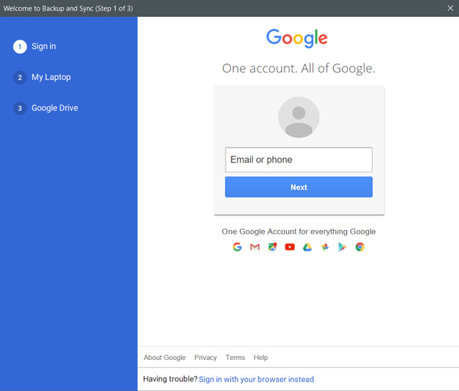 Signing in to the Google's Backup and Sync app