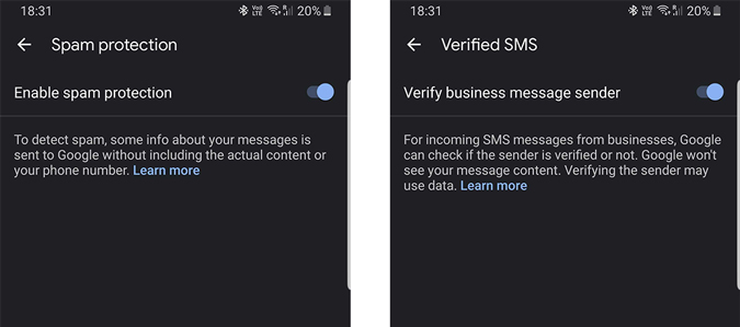 Spam Protection and verified SMS Options on Google Messages 