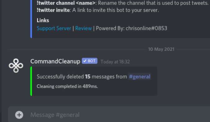 command cleanup delete the last 15 messages in dicord