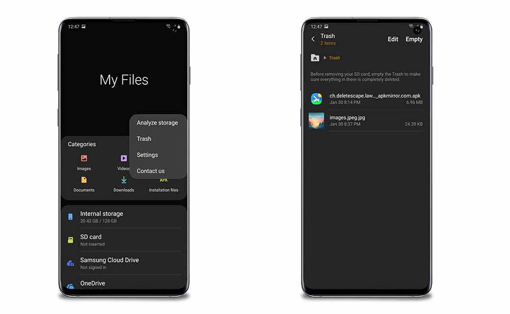 Trash Feature in File Manager One UI 2.0