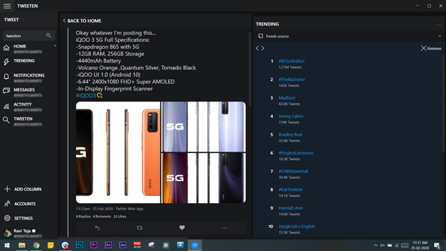 tweeten app on windows showing hashtags and trends in a separate column
