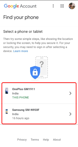 Devices in Google's find your phone settings