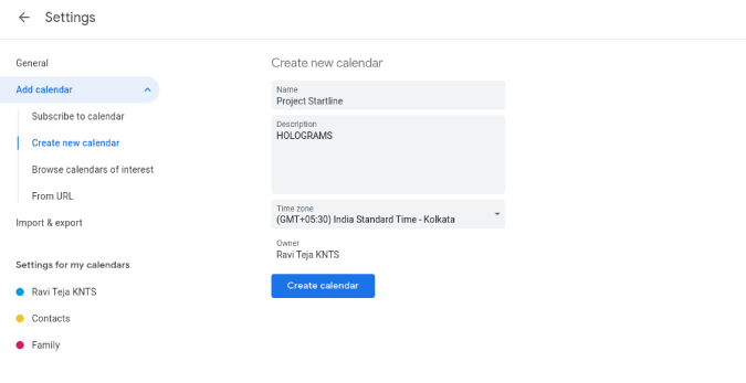 Giving name to new calendar on Google Calendar 