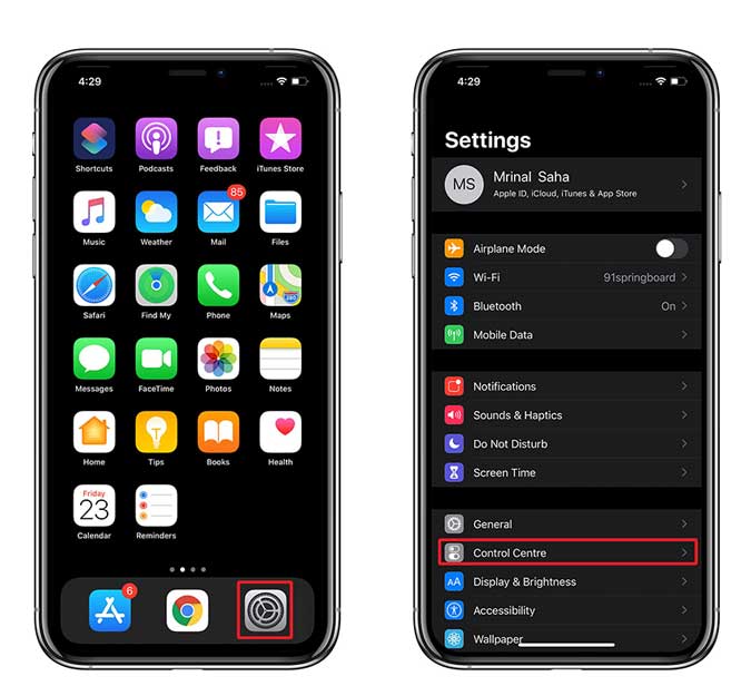 settings page on the iPhone to change the control centre items