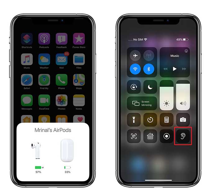 connecting AirPods and opening hearing from the control centre