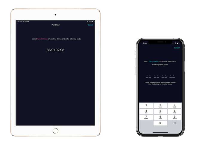 iPad displaying the code and iPhone waiting for the code to be entered