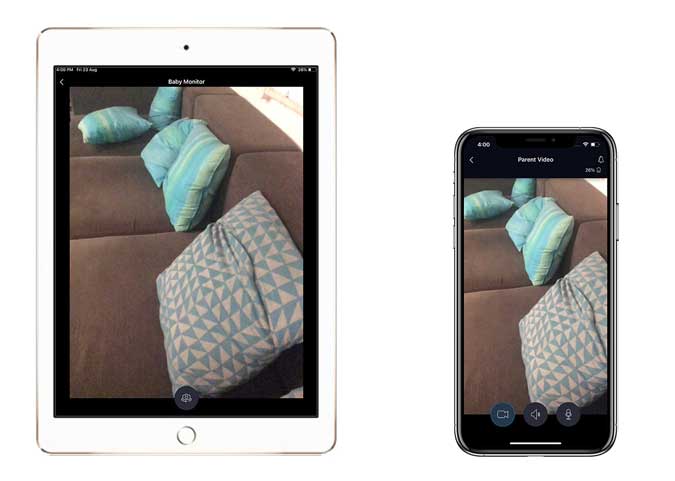 iPad and iPhone showing the same image of a sofa with some pillows