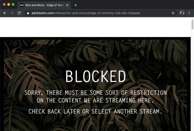 adult swim website showing blocked page