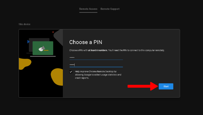 Setting a PIN for remote access on Chrome Remote Desktop