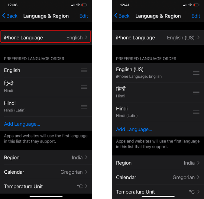 Changing Language setting on the iPhone
