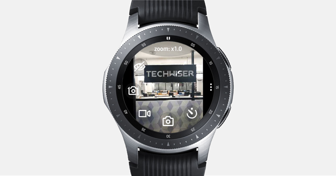 Screenshot of the Galaxy Watch with Camera app showing the Camera Controls with Techwiser in the viewfinder