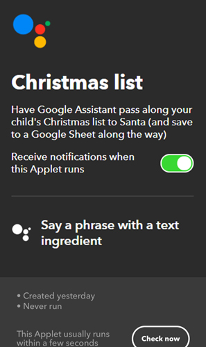 IFTTT Applets for Google Home- chirstmas list