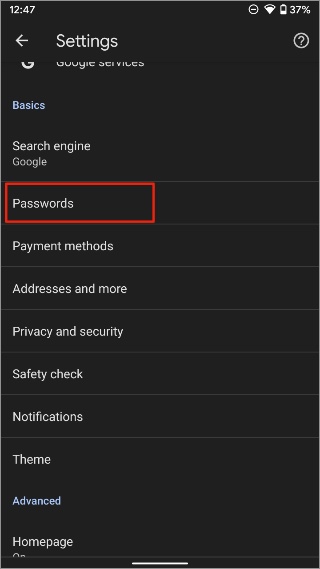open passwords menu