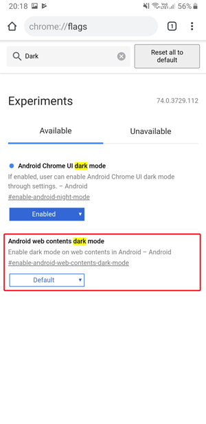 Dark mode on Google Chrome- web content