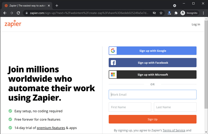 sign up on zapier using google id