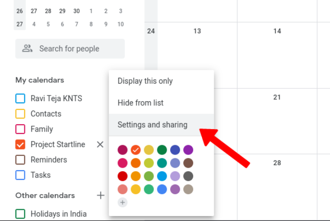 opening calendar settings in Google Calendar