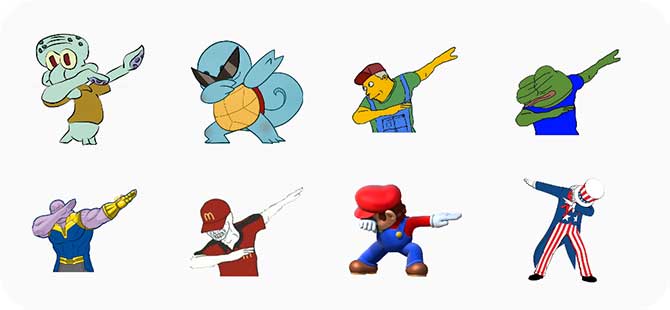Screenshot of Dabbing Characters such as Thanos, Squidward, Squirtle, etc.