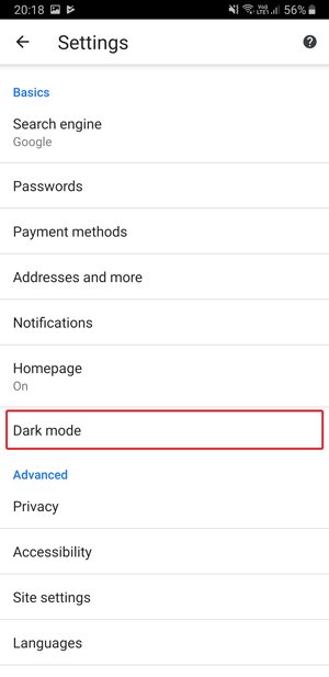 Dark mode on Google Chrome- settings dark mode