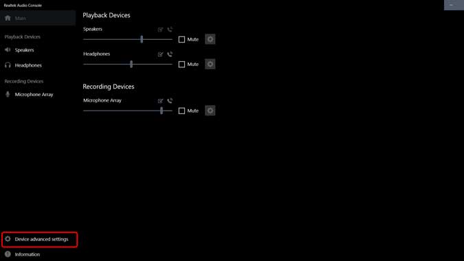 device advanced settings in the realtek audio console