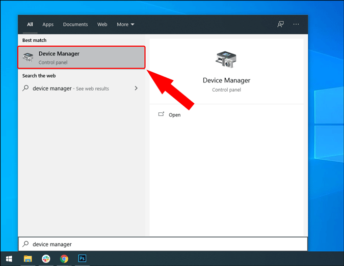 device manager search on start menu